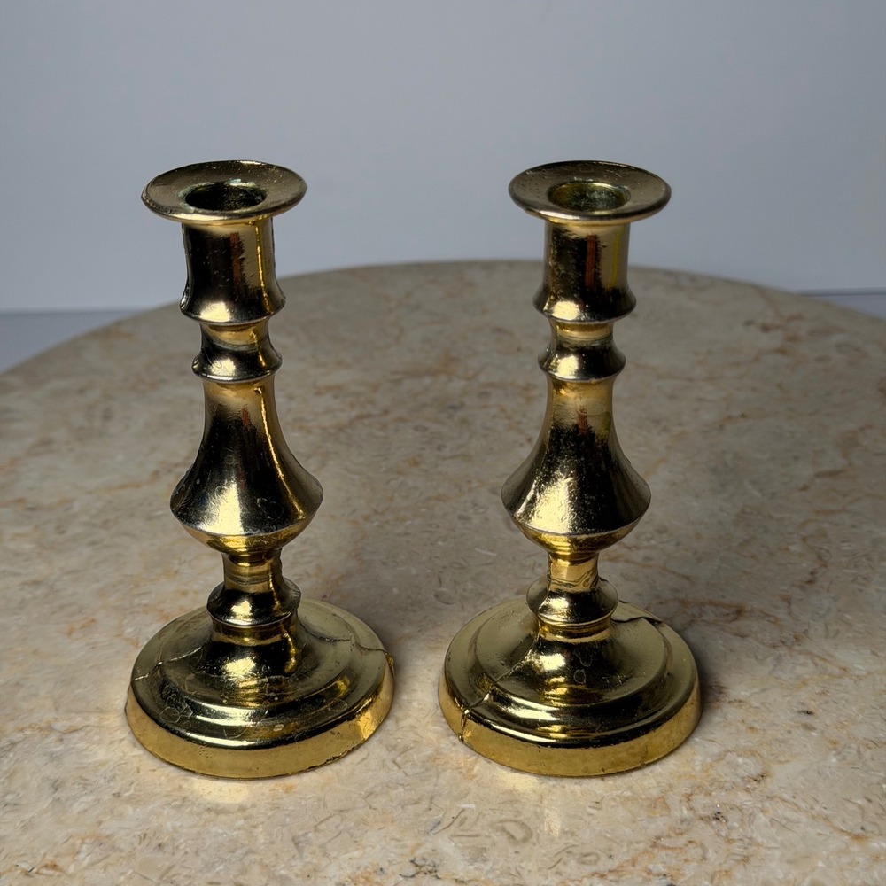 Vintage Made in England Brass Candlestick Set 4 Inch Gold Baluster Taper Holders